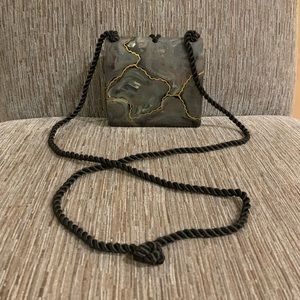 Vintage EUC Timmy Woods MINI wood shoulder bag purse gray/gold